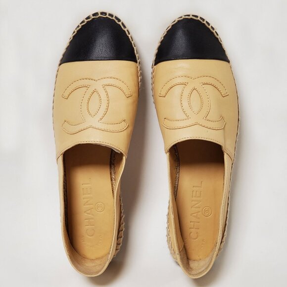 CHANEL SHOES CC LOGO BEIGE LAMBSKIN LEATHER FLATS ESPADRILLE sz 39 US 7.5 - Picture 3 of 16